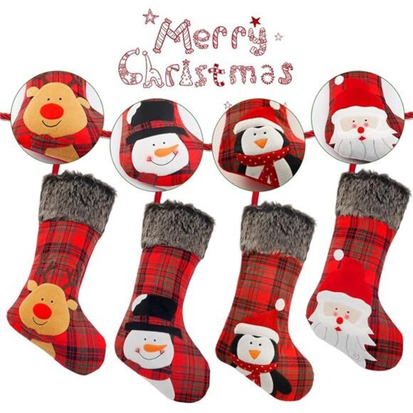 Christmas Stocking, 4 Pack 19 inch Xmas Stockings wiht Snowflake Santa Snowman - Picture 4 of 8